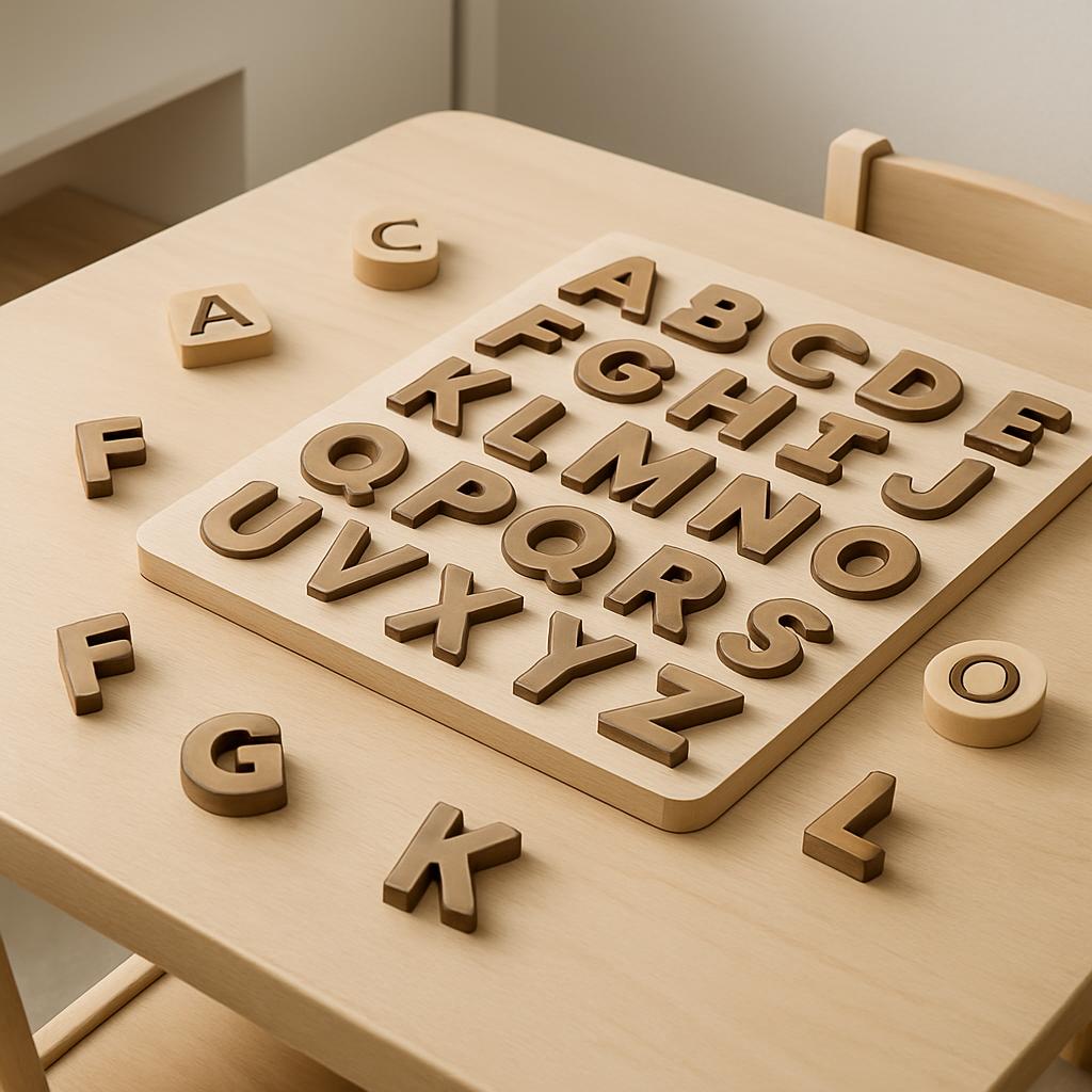 A wood cover featuring the 26 letters of the English language for developing motor skills and language abilities. The 26 l...