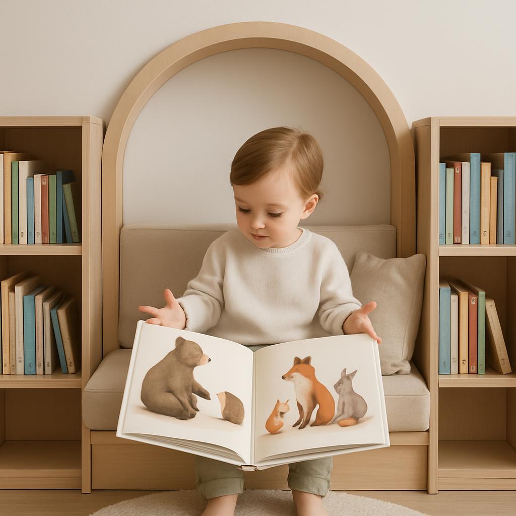 - "Toddler boy sitting in light-colored modern reading nook and leather cushioned bench, he is holding the open children's...