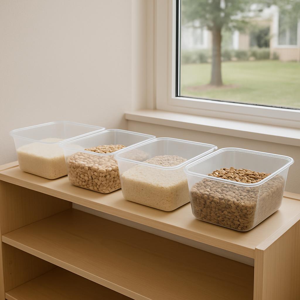 Four plastic containers filled with different types of grains or legumes are placed on the bench or shelf. This is likely ...