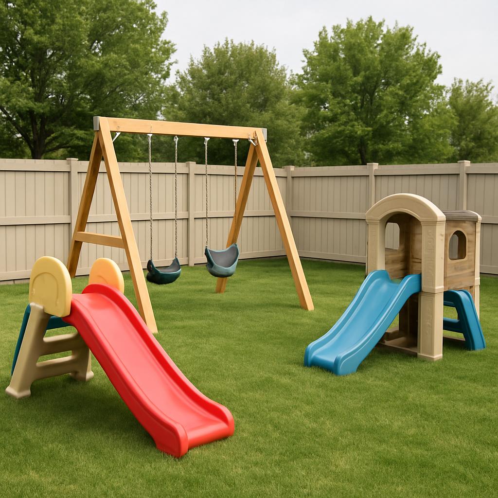 A well-kept outdoor play area with two swings, a slide, and a play tower, surrounded by a fence and green grass.
