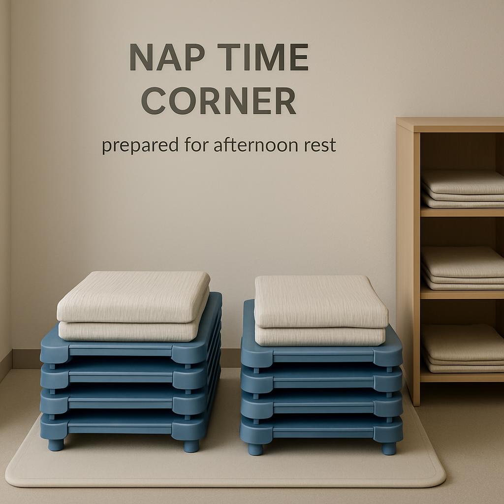 An image advertisement feature grey nap time cots. The image features a beige, cream, and blue nap time cots in indoor lig...